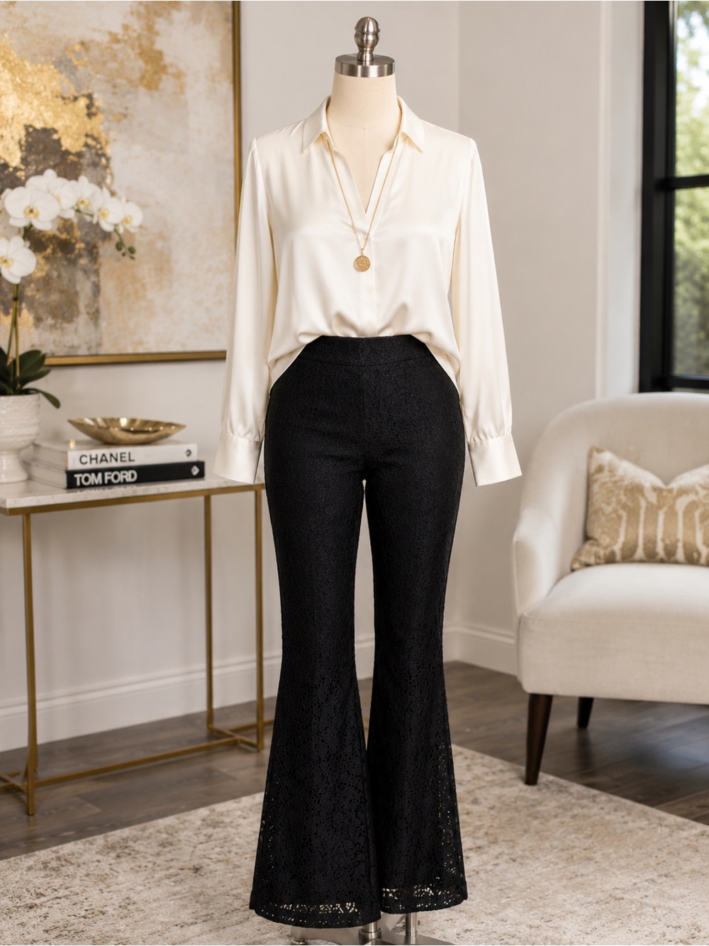 INC Black Lace Flare Pants Size 12 Fully Lined
INC International Concepts